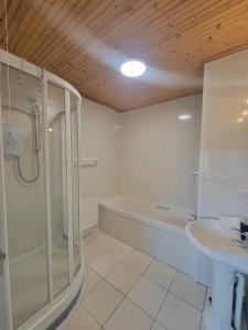 a bathroom with a shower and a tub and a sink at Spring Grove Guesthouse in Donegal