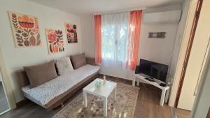 a living room with a couch and a tv at Estike Kerti Kuckó in Berekfürdő