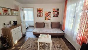 a living room with a couch and a table at Estike Kerti Kuckó in Berekfürdő