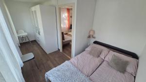 a small bedroom with a bed and a mirror at Estike Kerti Kuckó in Berekfürdő
