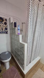 a bathroom with a toilet and a shower curtain at Estike Kerti Kuckó in Berekfürdő +12 photos