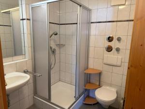 a bathroom with a shower and a toilet and a sink at Gasthof Rössle in Sulzberg +22 photos