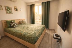 a bedroom with a bed with a tv and a window at Olma in Nice