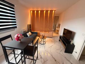 a living room with a couch and a television at Studio neuf élégant- calme & cosy in Oyonnax