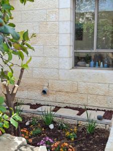 a building with a window and flowers in a garden at The Pearl in Sha‘alvim