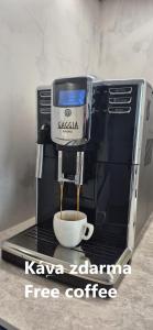 a coffee machine with a cup of coffee at Apartmán Riverside Labe Vrchlabí in Vrchlabí +9 photos