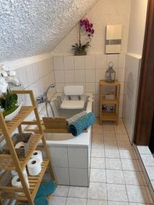a small bathroom with a sink and a toilet at Forsthaus Neudorf - Eschenblick in Harzgerode