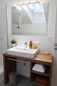 a bathroom with a white sink and a skylight at Quartier No 7 Salzburg Süd Apartments in Grödig +54 photos