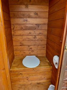 a small bathroom with a toilet in a wooden wall at Tiny House by the river in Litoměřice