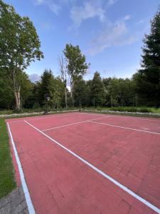 a red tennis court with trees in the background at Tooraku Turismitalu in Pusku