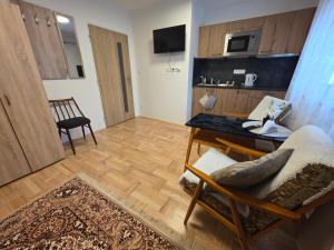 a living room with a desk and a kitchen at Vila Daniela in Luhačovice