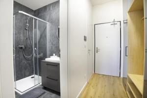 a bathroom with a shower and a sink at Calmora apartment Optická WiFi Klimatizace Balkon Nespresso in Komárov +5 photos