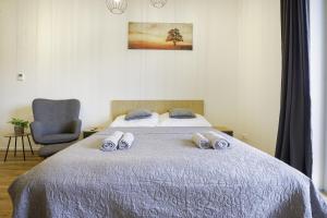 a bedroom with a bed with blue sheets and a chair at Calmora apartment Optická WiFi Klimatizace Balkon Nespresso in Komárov