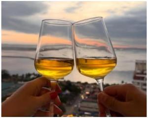 two people holding glasses of white wine in their hands at STAYLUXIA MANILABAYVIEW - FEATURING 1 - 5 BEDROOM SUITES WITH BALCONY POOL BAYVIEWS NETFLIX - Housekeeping Available- in Manila