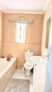a bathroom with a toilet and a sink and a bath tub at 33OnPangolin B&B in Nelspruit +13 photos