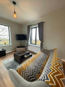 a bedroom with a bed and a tv and window at Tigín na mbó in Cloghane