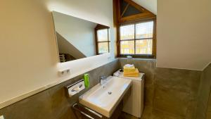 a bathroom with a sink and a mirror at Hotel und Gutsgaststätte Rappenhof in Weinsberg +39 photos