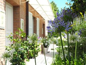 ein Garten mit lila Blumen vor einem Gebäude in der Unterkunft Aura Relais in Numana