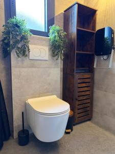 a bathroom with a white toilet and a tv at Chic and Chill Guest House, gite Safari in Vallon-Pont-dʼArc +14 photos