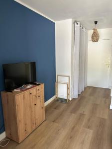 a living room with a television on a wooden cabinet at Piscine Paradise résidence Ocean garden in La Saline les Bains