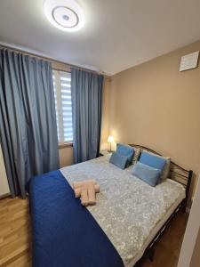 a bedroom with a large blue bed with blue pillows at Modern Art Kredytowa-Dzieci do lat 7 nie płacą! in Warsaw