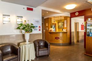 una sala d'attesa con due sedie e un vaso con una pianta di Hotel Lilia a Lido di Jesolo