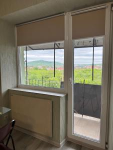 a room with two windows with a view of a balcony at Vokzalna in Mukacheve
