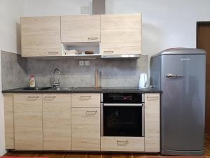 a kitchen with a stainless steel refrigerator and wooden cabinets at Apartma Vidmar in Šenčur