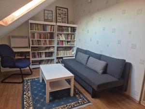 a living room with a blue couch and a book shelf at Spacious Apartment Panemune in Kaunas