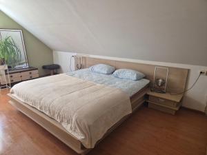 a bedroom with a large bed with two blue pillows at Spacious Apartment Panemune in Kaunas