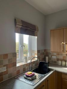 a kitchen counter with a sink and a window at Bwlch Cottage in Gwaynynog +5 photos