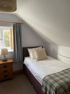 a small bedroom with a bed and a window at Bwlch Cottage in Gwaynynog