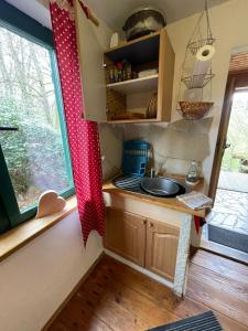 a small kitchen with a sink and a window at Berghütte am Grenzwinkel in Sebnitz
