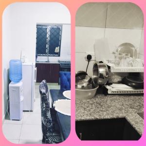 two pictures of a kitchen with a refrigerator and a counter at jjsuites in Athi River