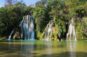 a waterfall in the middle of a body of water at La prieta linda in Tamasopo