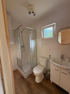 a bathroom with a shower and a toilet and a sink at Accommodation under the Oaks in Dramino