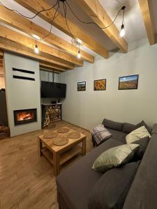 a living room with a couch and a fireplace at Domek Nad Rykowiskiem in Jeleśnia