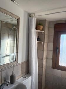 a bathroom with a shower and a sink and a mirror at La Casa del Coso in Peñafiel +13 photos