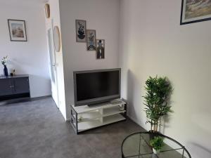 a living room with a flat screen tv on a stand at Studio moderne 33m2 Design cosy Wi Fi gratuit in Courcouronnes