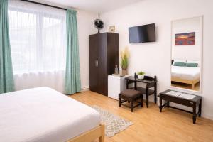 a bedroom with a bed and a table and a mirror at Vila Macris in Eforie Nord