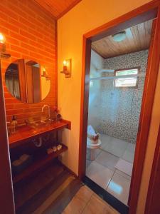 a bathroom with a toilet and a sink and a mirror at Pousada Casas Eleganza in Santa Teresa