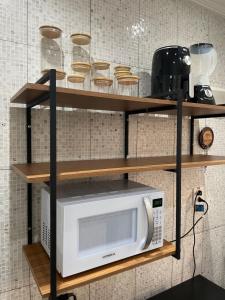a microwave on a shelf in a kitchen at Linda Kitnet mobiliada in São Vicente