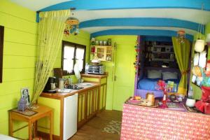 a kitchen with green walls and a room with a bed at Roulotte de cirque à Rocamadour in Rocamadour