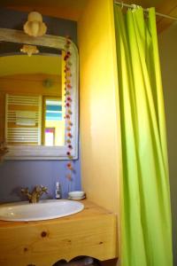 a bathroom with a sink and a green shower curtain at Roulotte de cirque à Rocamadour in Rocamadour +25 photos