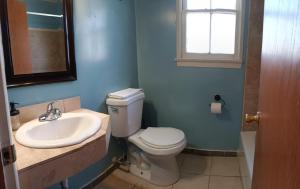 a bathroom with a toilet and a sink and a window at Trees Motel in Bishop +23 photos