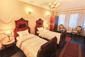 a bedroom with two beds and a chandelier at Hotel Evmolpia in Plovdiv