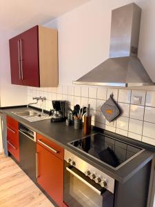 a kitchen with a sink and a stove top oven at Altstadtnest - gemütliche Wohnung nahe der Burg in Donnerberg