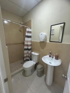 a bathroom with a toilet and a sink and a shower at Room #2 donde Alice in San Miguel +11 photos