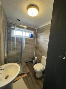 a bathroom with a toilet and a shower and a sink at Amirs house in Hackington +19 photos