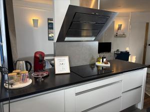 a kitchen with a counter with a stove top oven at Le petit Versailles in Versailles